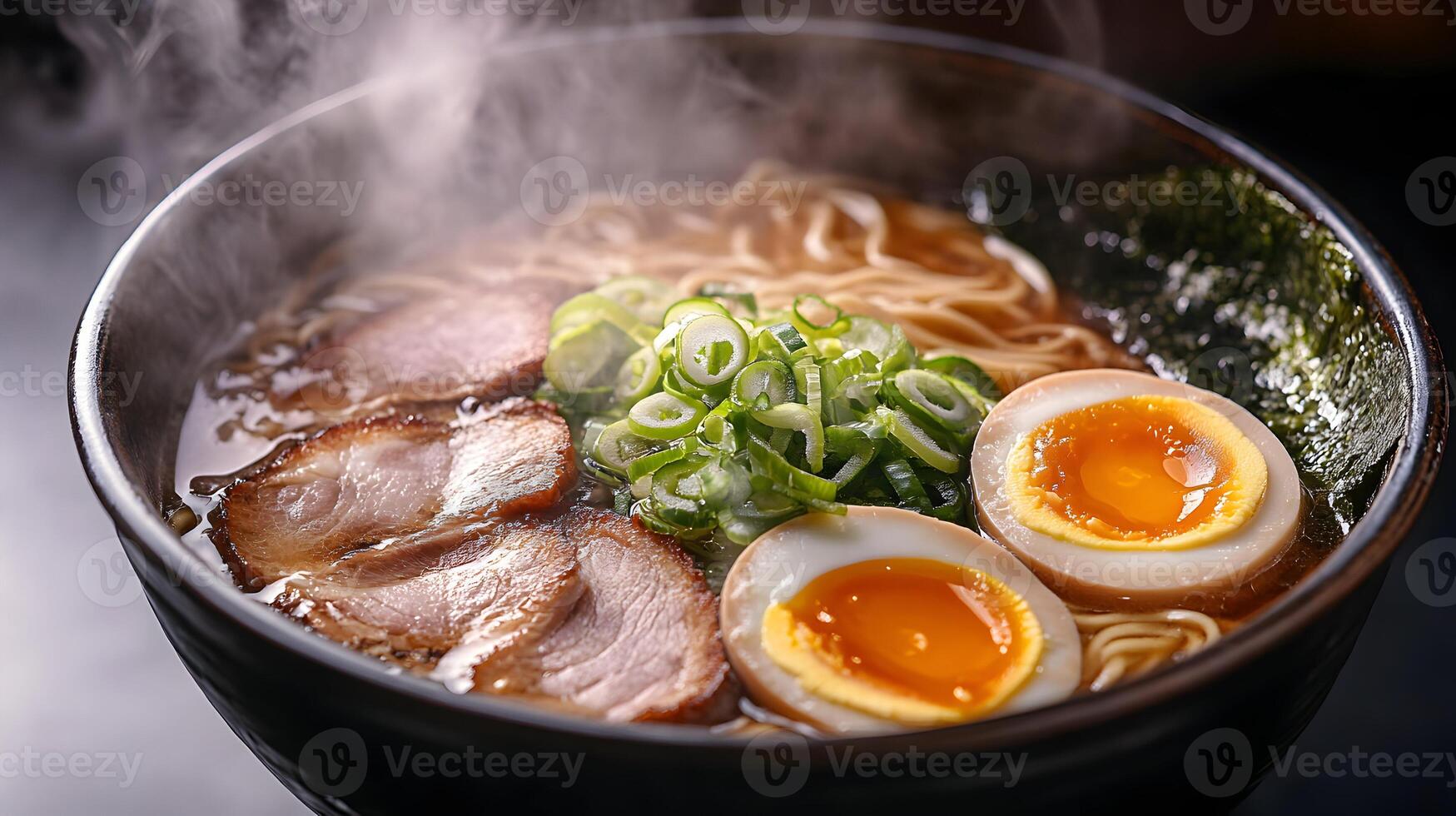 Authentic Japanese Ramen Bowl with Pork, Egg and Green Onions in Transparent Format photo