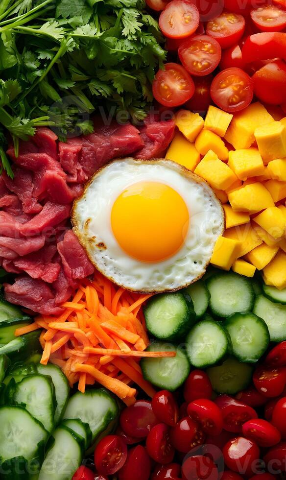 Delightful harmony of vibrant fresh ingredients in korean bibimbap ready to be served. photo