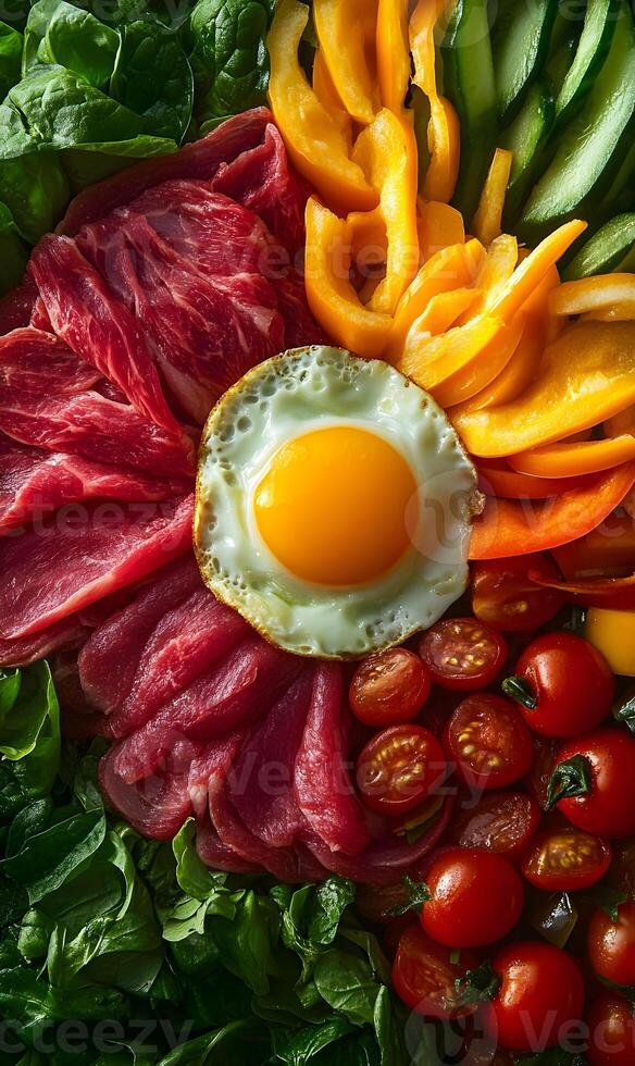 Vibrant and fresh Korean bibimbap bowl featuring colorful vegetables and delicious fried egg photo