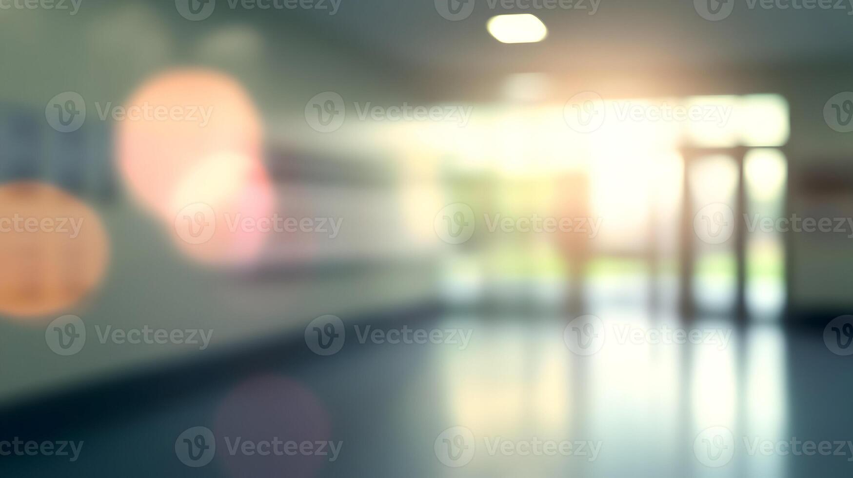 Blurred Vision A bright and sleek school corridor with radiant light shining in an out of focus photo. photo