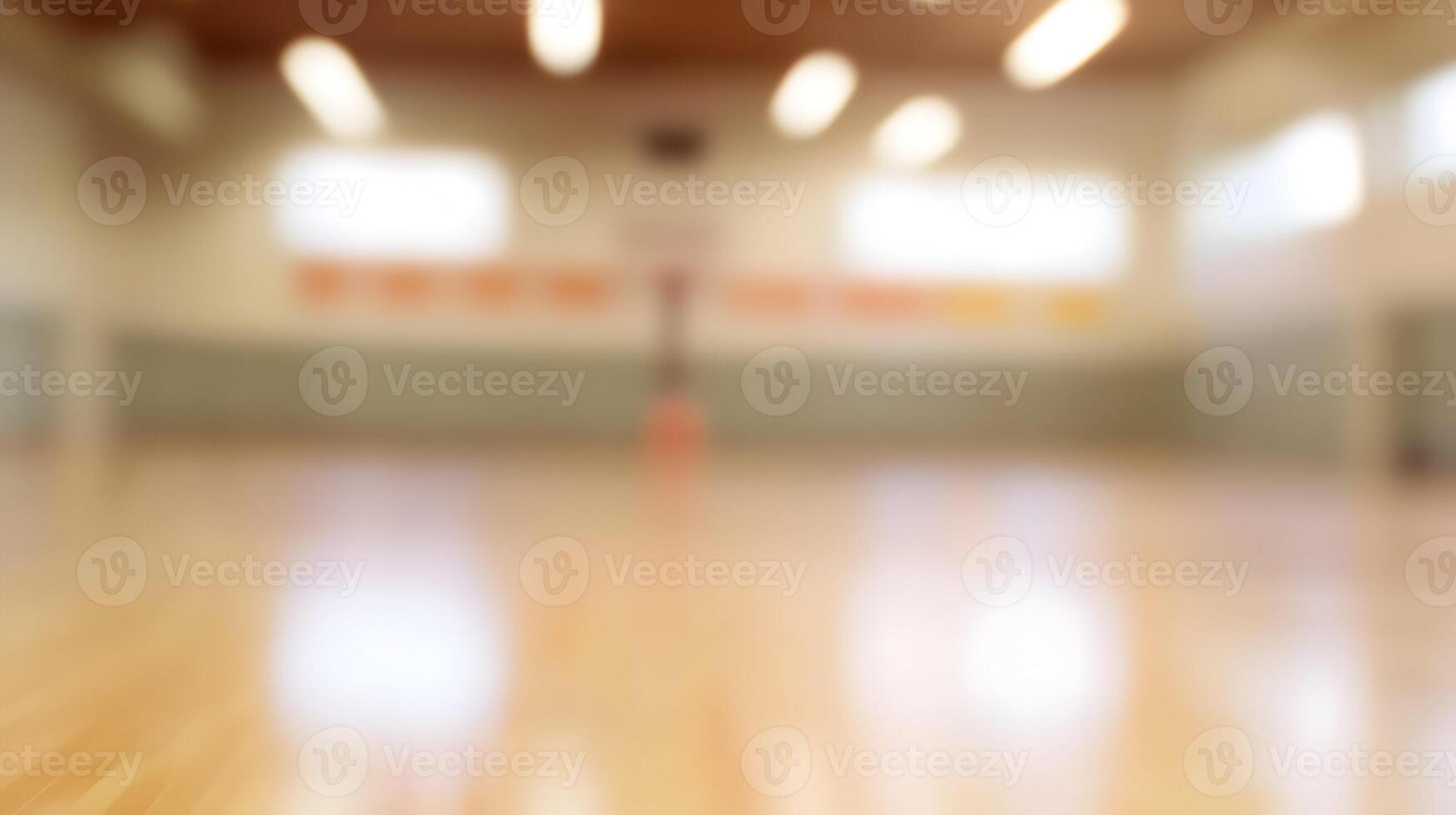 Indoor Gymnasium Court with Polished Wood Flooring and Basketball Hoop Stands in Soft Focus photo