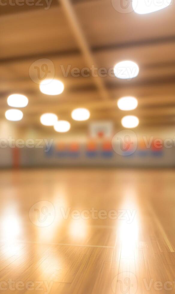 Illuminated gymnasium with polished wooden floor and blurred basketball hoop background photo