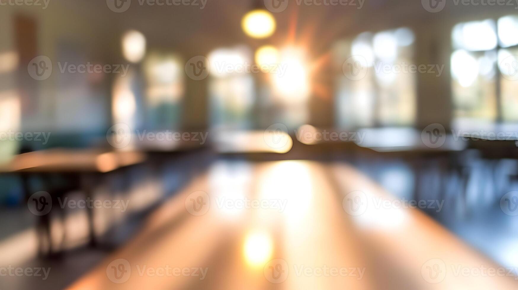 Blurred School Cafeteria Soft light and serene long tables create a peaceful atmosphere. photo
