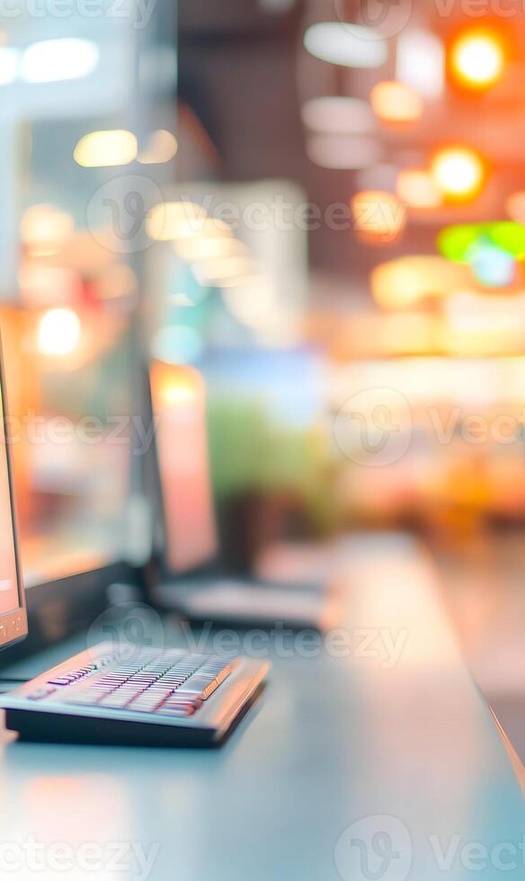 Blurry Tech Environment Rows of Desktops with Keyboards in a Cyber Workplace or Shared Office photo