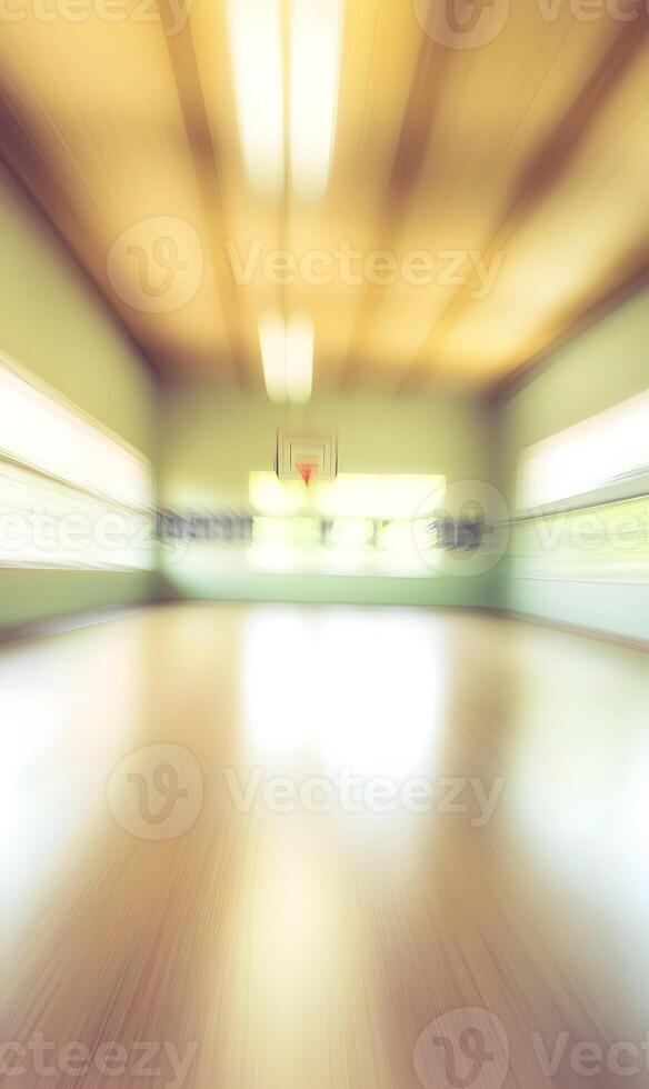 Dynamically Blurred School Gymnasium Interior with Wooden Floor and a Basketball Hoop photo
