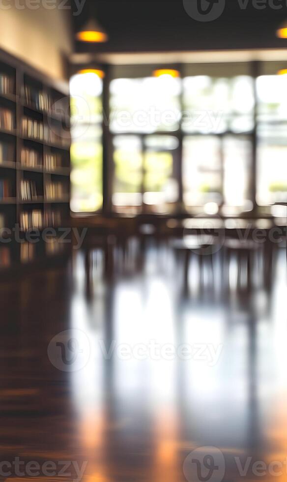 Abstract library background showcases bookshelves and reading areas in artistic blur effect photo