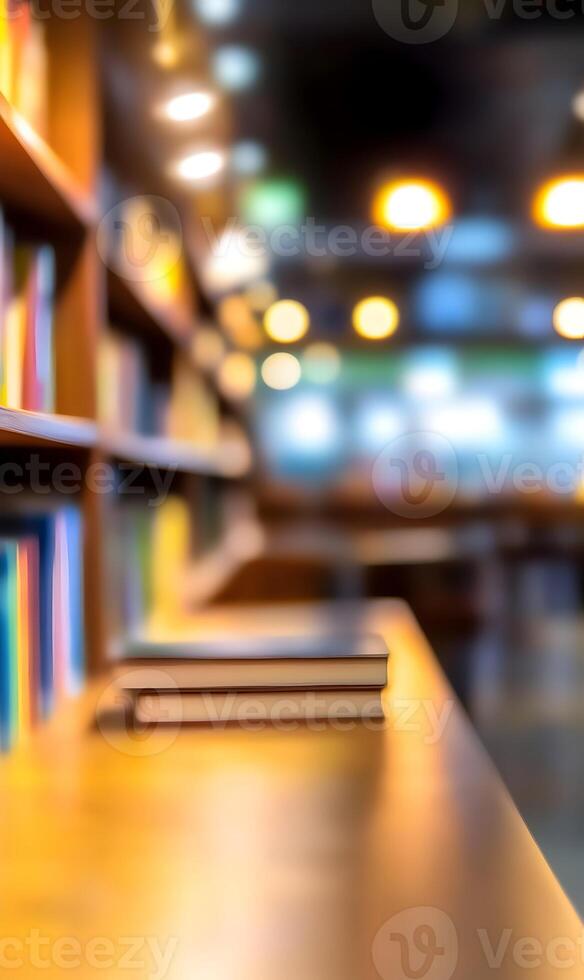 Serene library environment featuring blurred bookshelves and cozy reading space ambiance photo