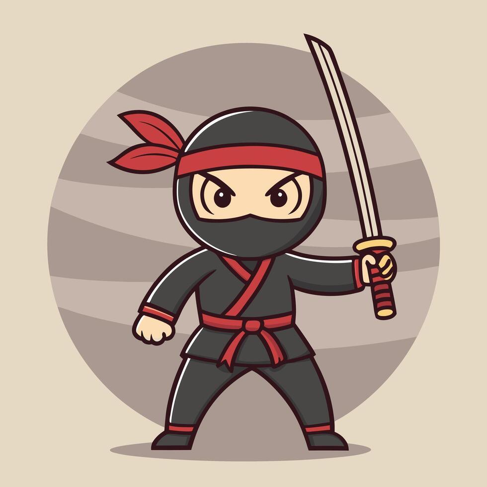 cartoon ninja with sword and red bandana vector