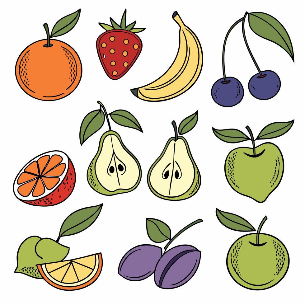 a set of fruit icons, including strawberries, cherries, and oranges vector