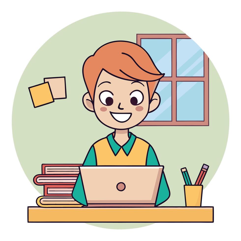 a boy sitting at a desk with a laptop vector