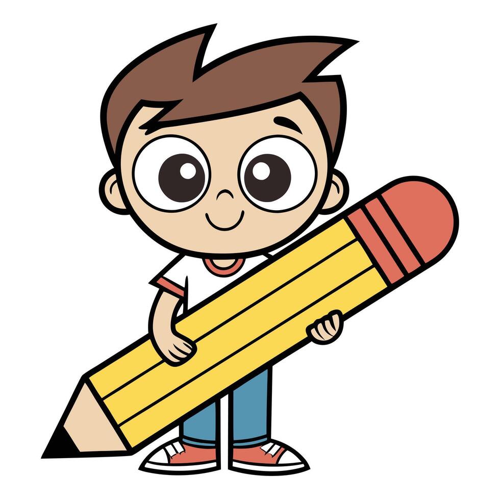 a cartoon boy holding a large pencil design vector
