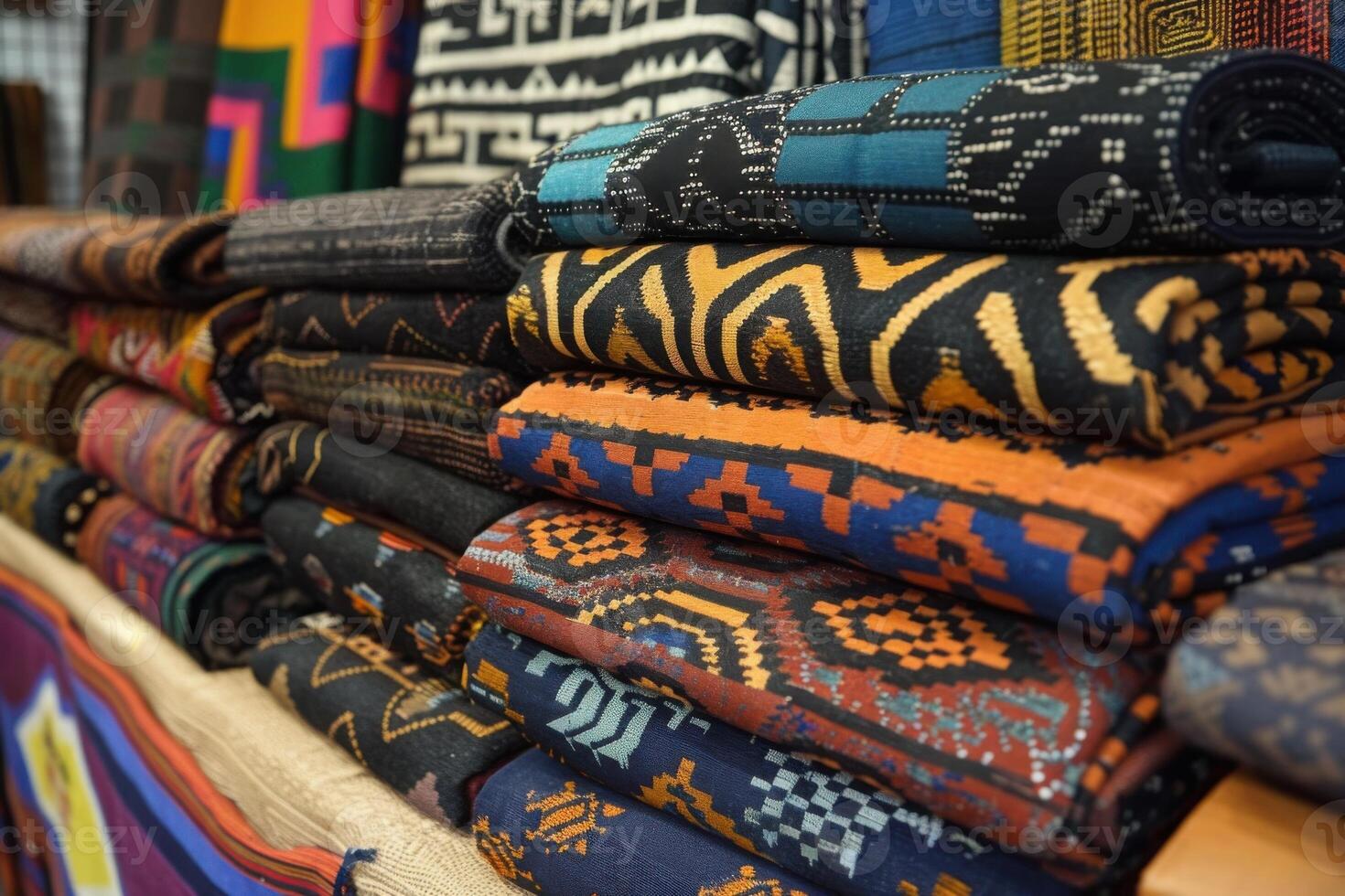 collection of vibrant, patterned textiles stacked neatly photo