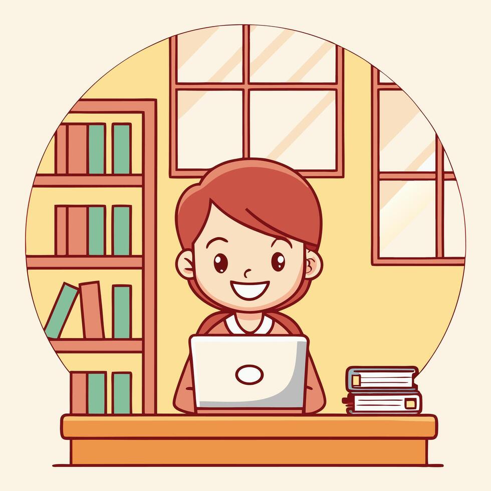 a woman is sitting at a desk with a laptop vector
