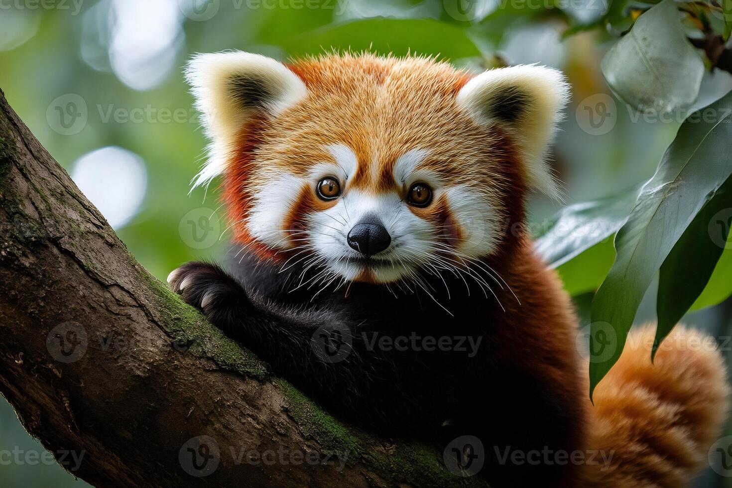 Firefox, red panda, is relaxing on a tree branch in the forest photo
