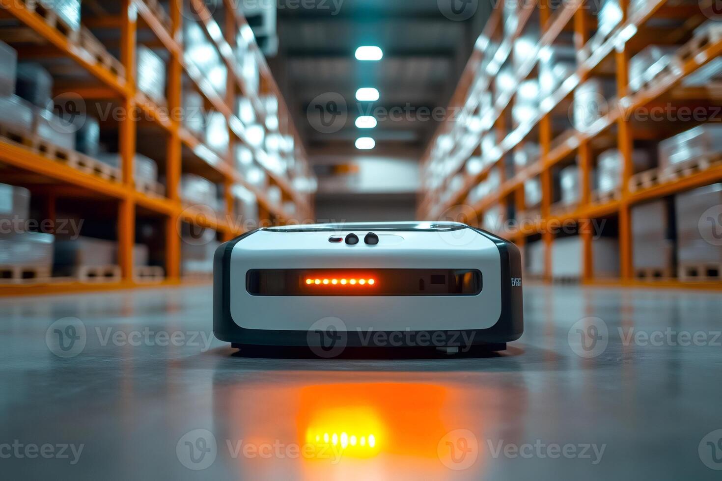 Autonomous mobile robot transporting goods in modern warehouse photo