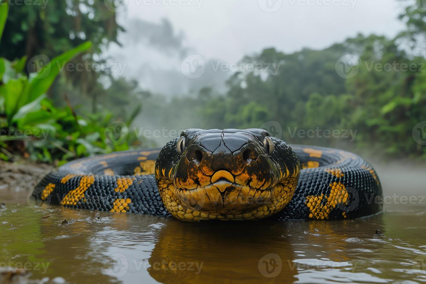 Anaconda resting in the Amazon Rainforest river during foggy morning photo