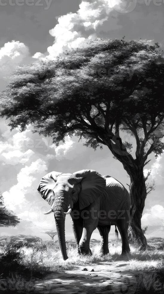 Large african elephant walking in the savanna under a tree and a cloudy sky, black and white image photo