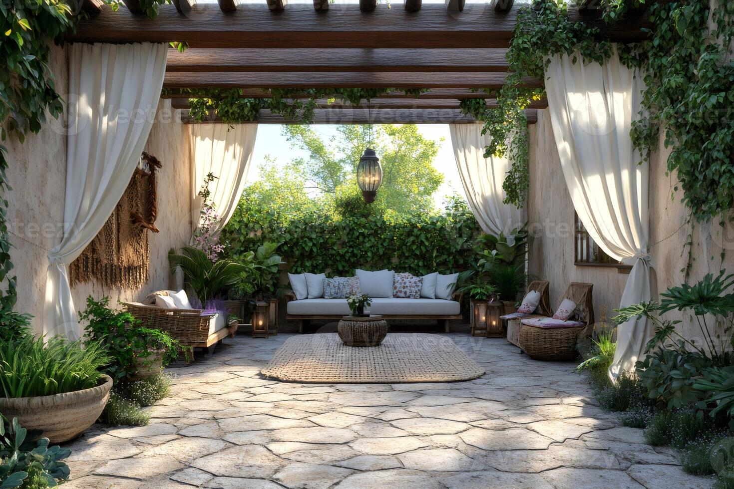 Mediterranean patio with pergola and curtains illuminating relaxing lounge area photo