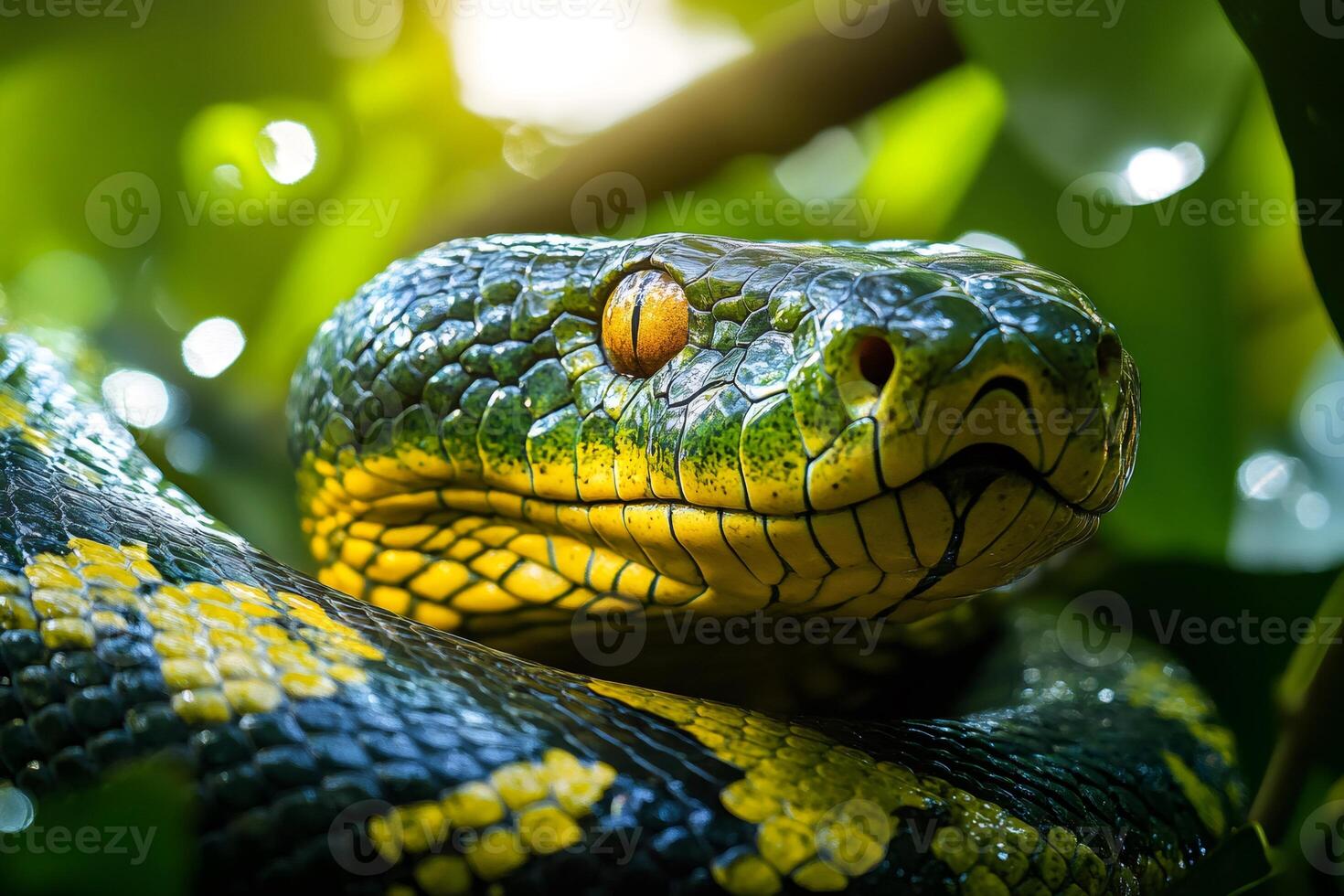 Emerald tree boa coiled on a branch, showing its scales and eye photo