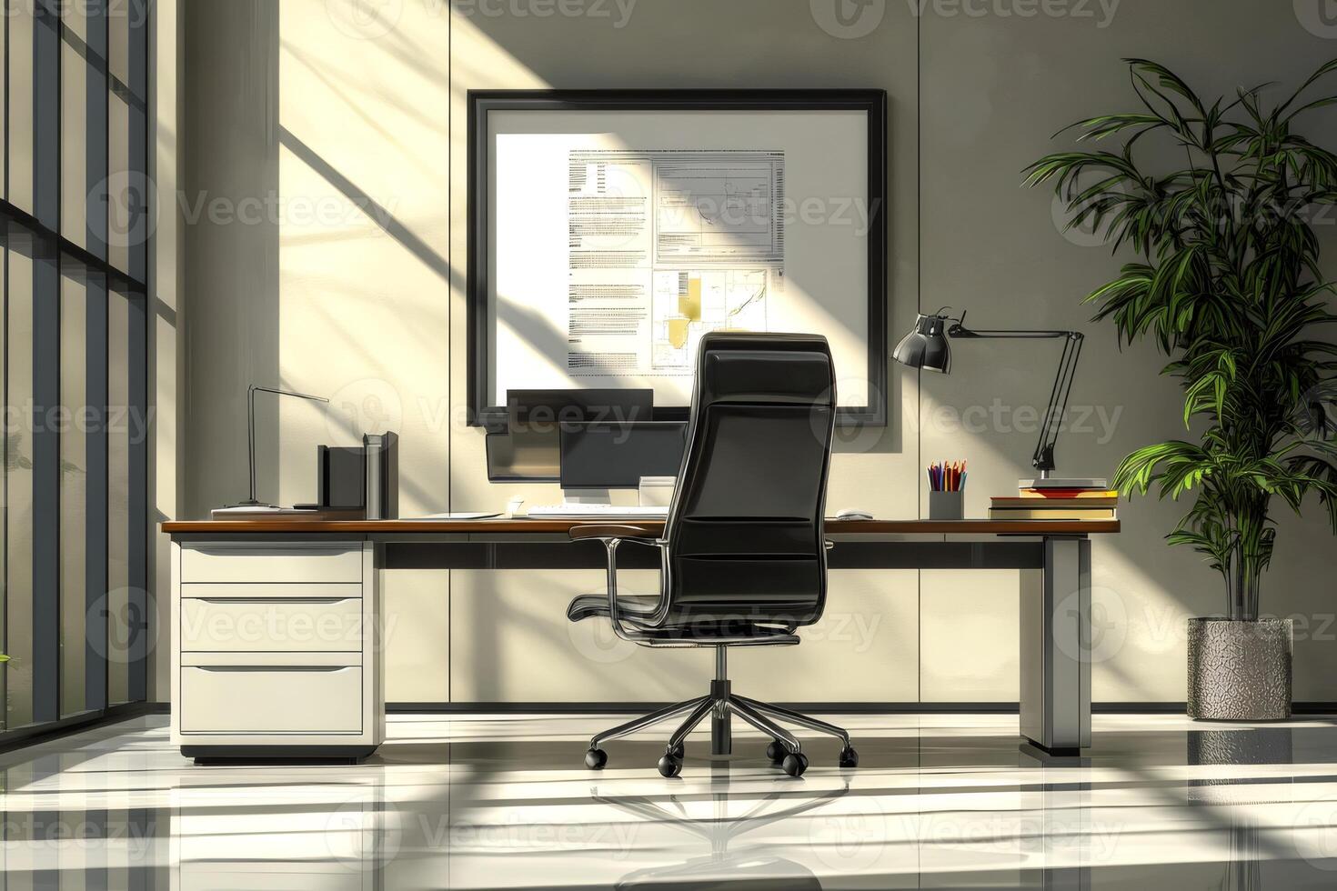 Sunlight illuminating modern and minimalist office with blueprint on the wall photo