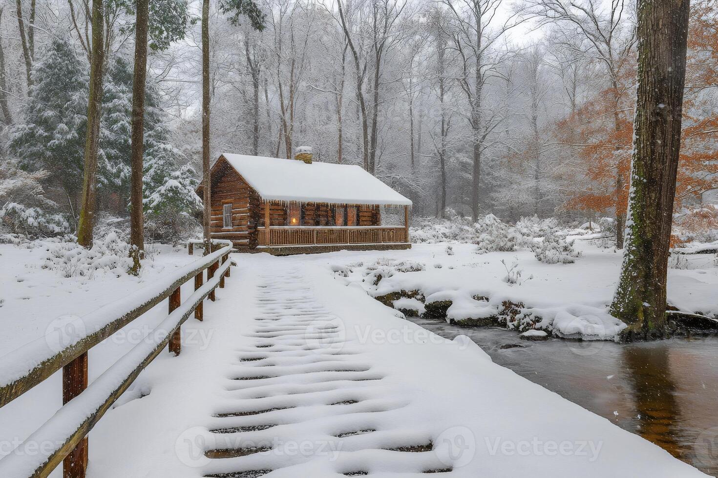 Snow falling on wooden pathway leading to cozy illuminated log cabin in winter forest photo
