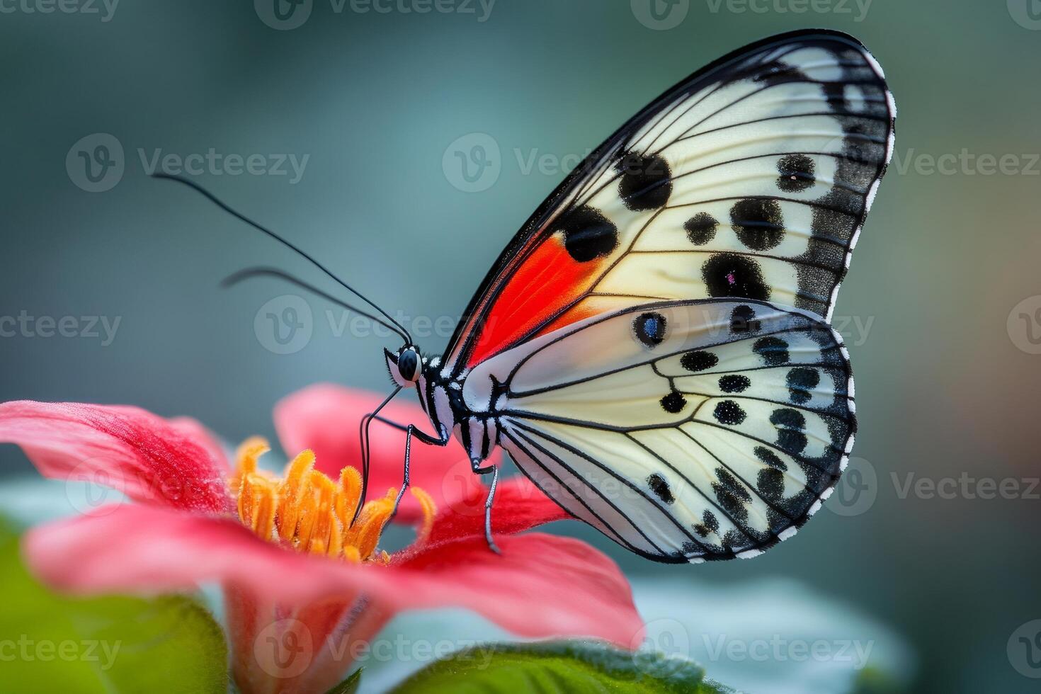 Colorful butterfly feeding on a pink flower in a garden photo