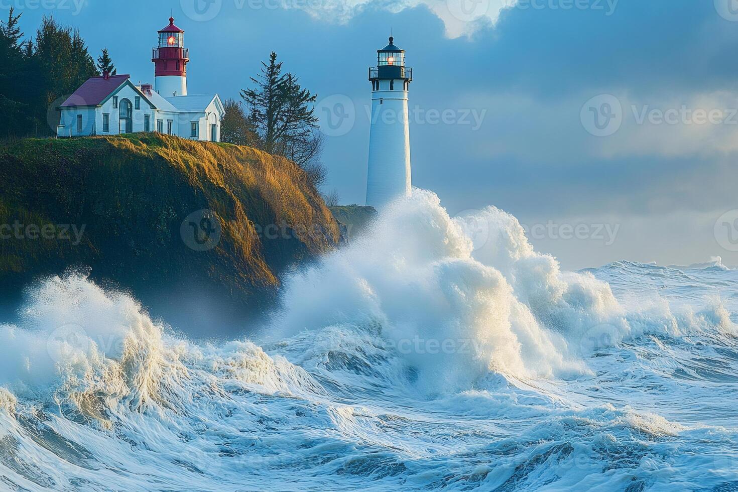 Cape Disappointment Lighthouse enduring a powerful ocean storm with crashing waves photo
