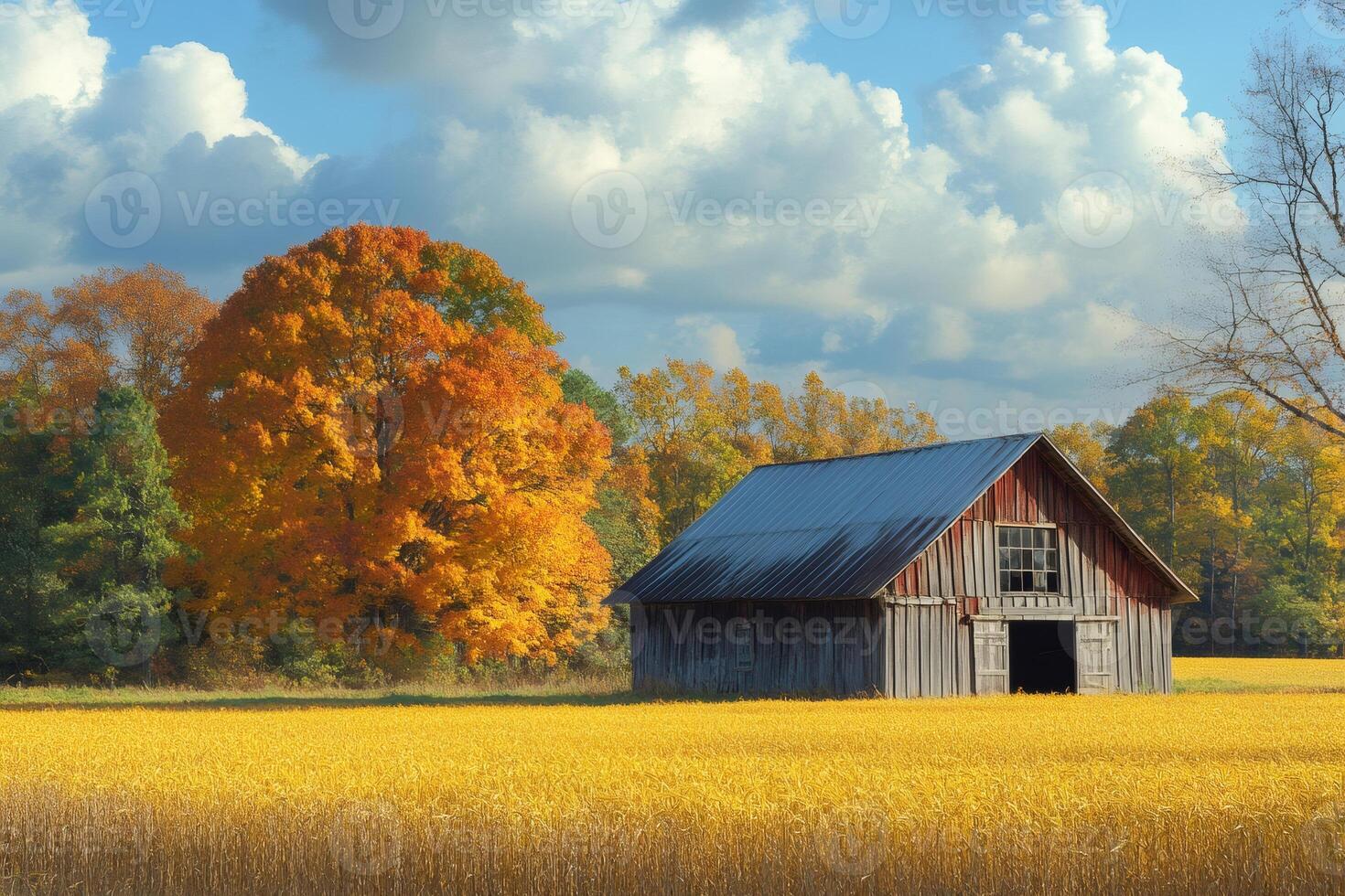 Old barn standing in a golden field during a sunny autumn day photo