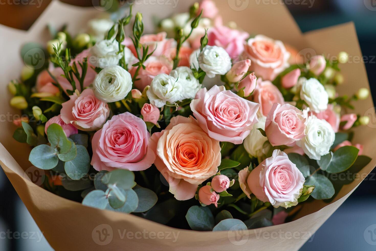Delicate bouquet of pink and white roses creating a romantic atmosphere photo