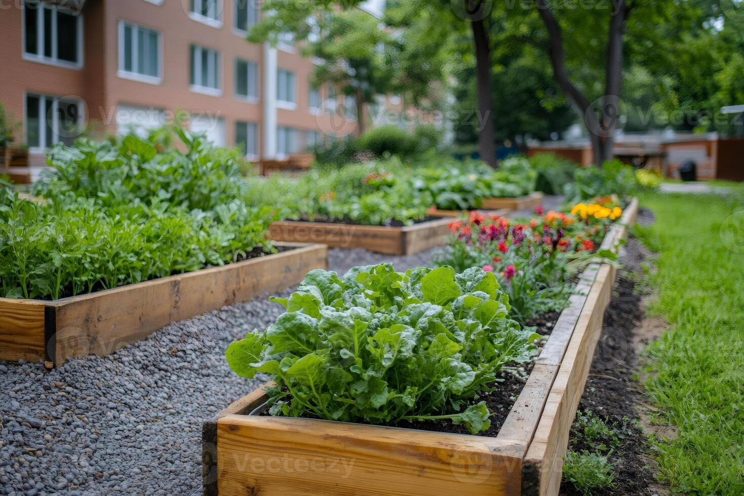 Lettuce growing in raised garden bed near apartment building photo