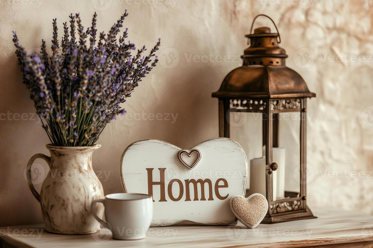 Lavender bouquet, lantern, cup and home sign creating cozy atmosphere photo