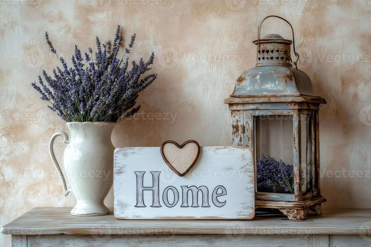 Home sign, lavender bouquet and rusty lantern create cozy atmosphere photo