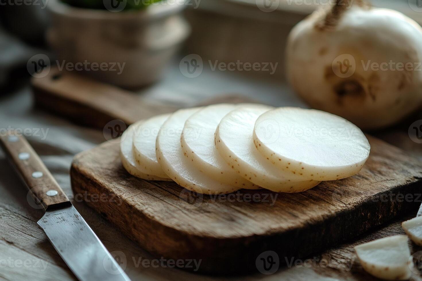 Sliced daikon radish on wooden cutting board with knife photo