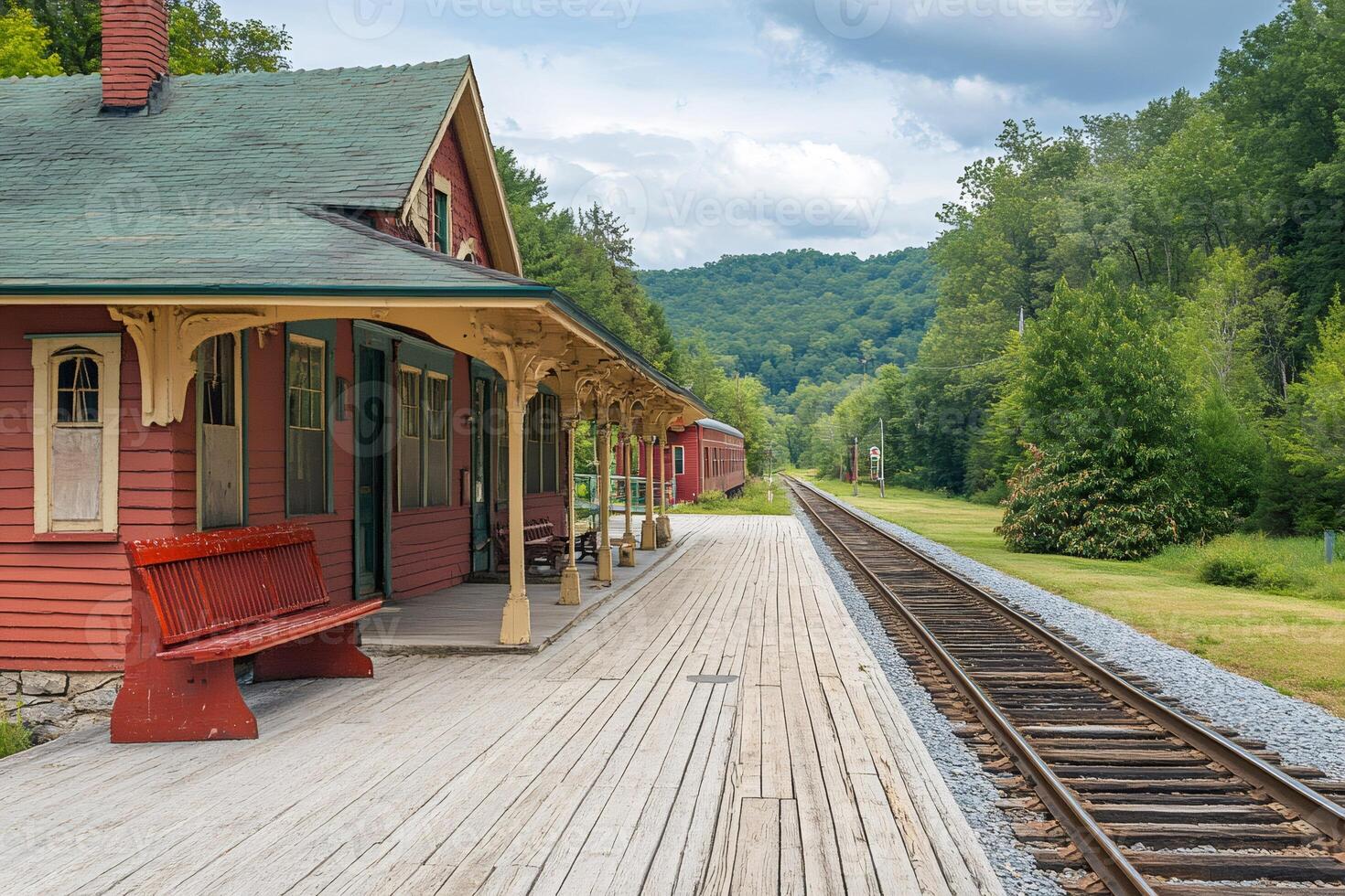 Scenic view of an old train depot with a vintage passenger car waiting on the platform photo