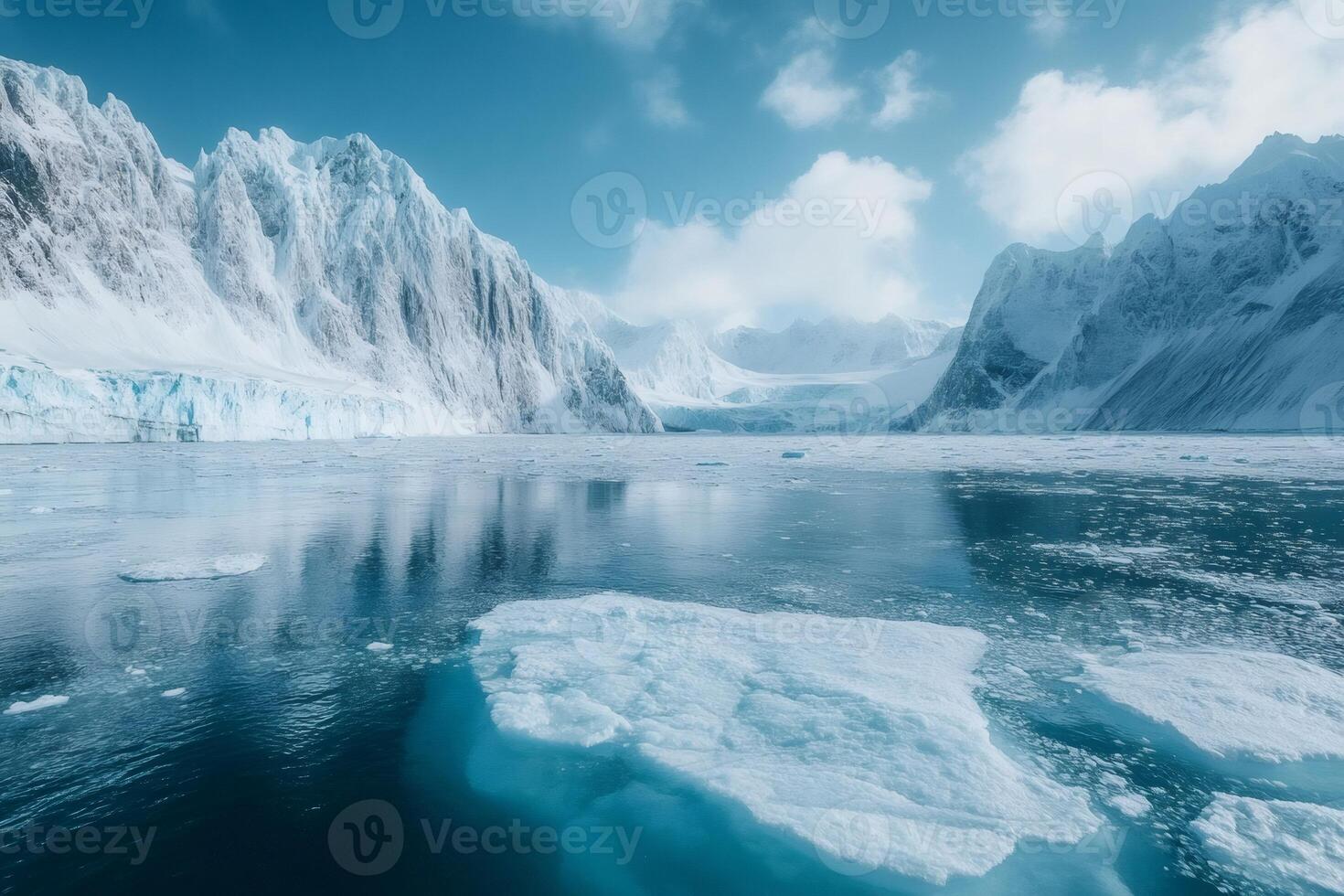 Icy arctic landscape reflecting on the sea with mountains and glaciers in the background photo