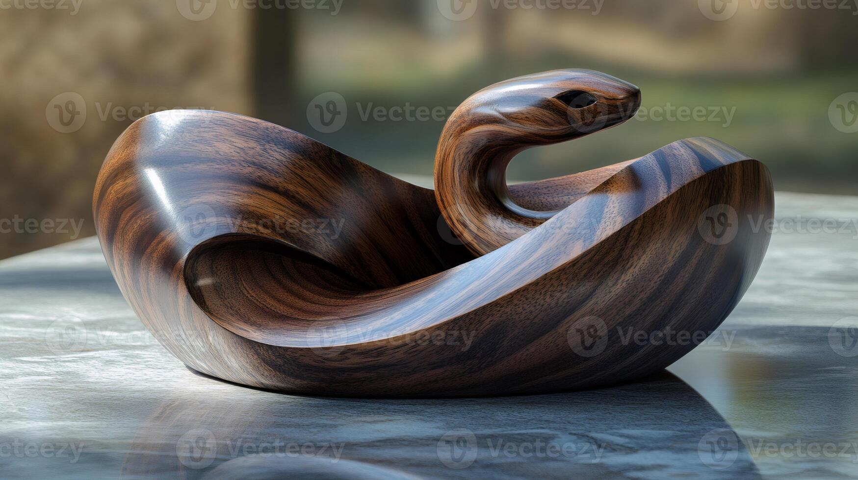 Wooden bowl with snake shape sitting on a table photo
