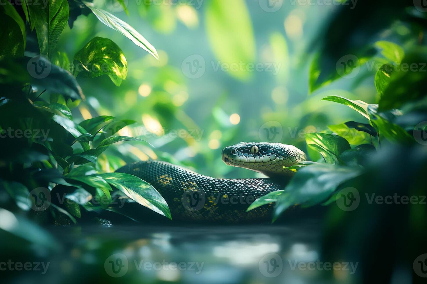 Emerald tree boa resting in lush tropical rainforest vegetation photo