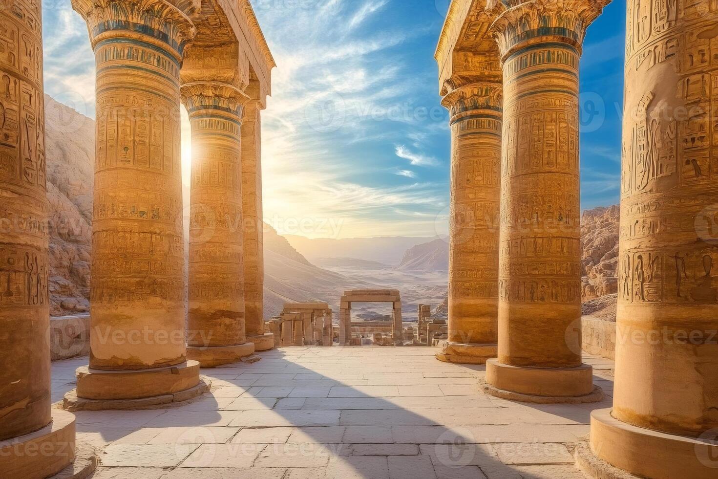 Majestic columns of the Hathor Temple at Dendera illuminating the Nile Valley at sunset photo