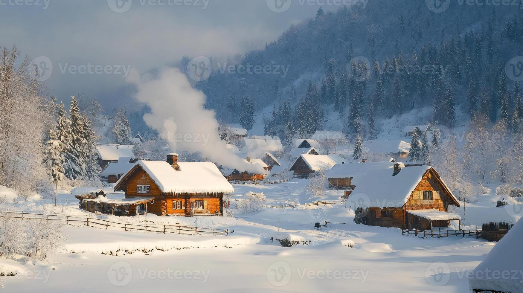 Smoke rising from chimneys in a snowy mountain village. photo