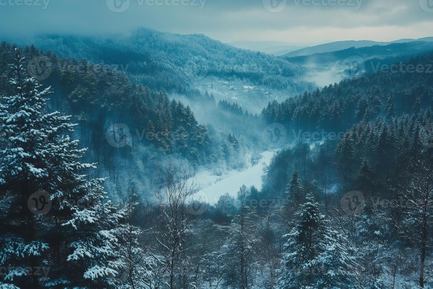 Frozen river flowing through snowy valley and hills covered by pine forest photo