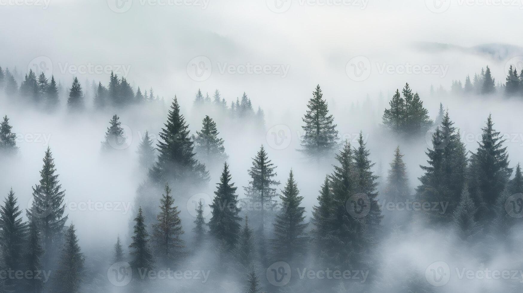 Fog rolling over a mysterious evergreen forest photo