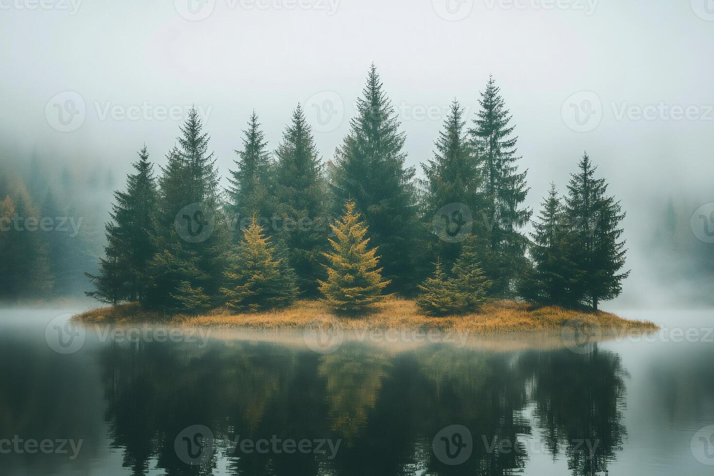 Group of evergreen trees growing on small island in the middle of lake reflecting in calm water during foggy autumn morning photo