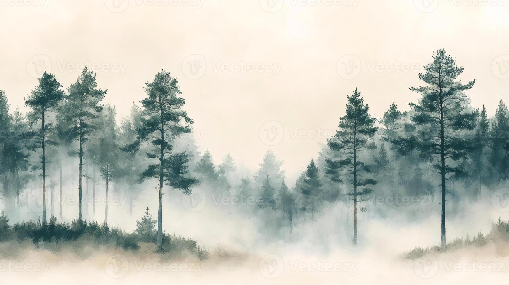 Mysterious foggy forest landscape with pine trees emerging from the mist photo