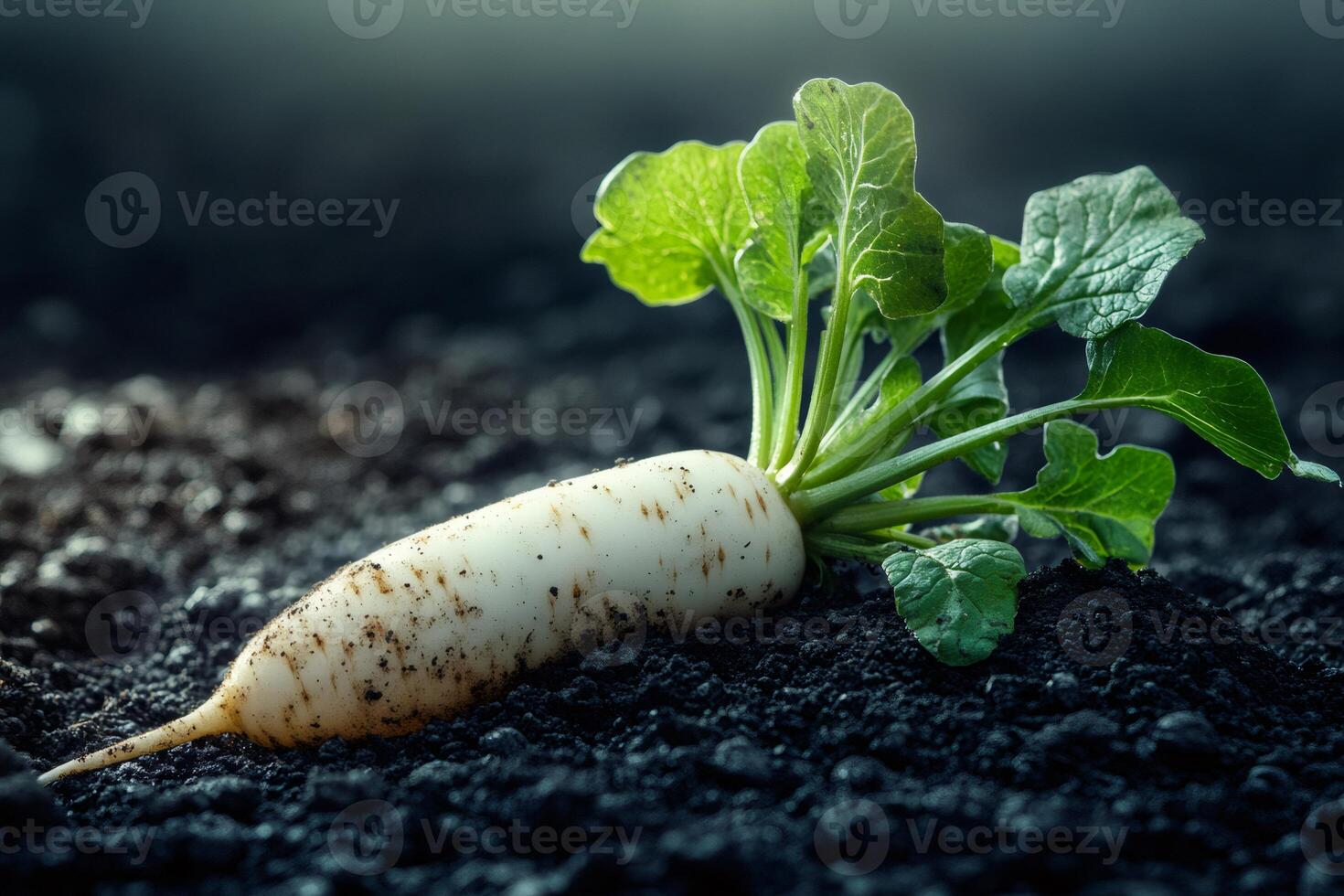 Fresh white radish growing in dark rich soil photo