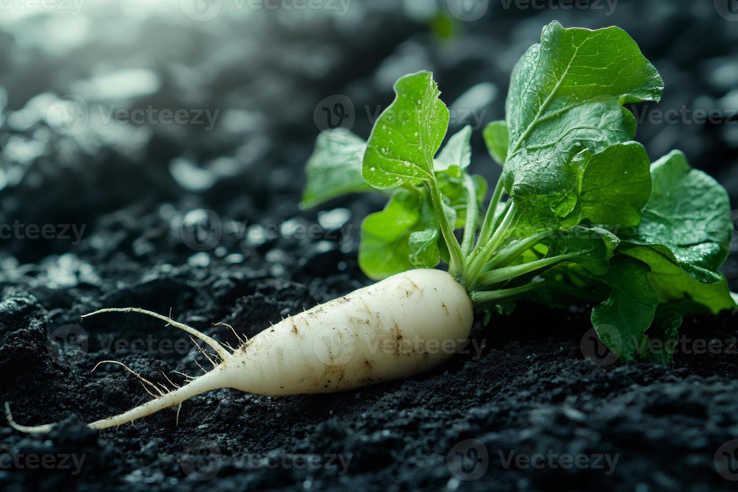 Fresh white radish growing in dark fertile soil photo