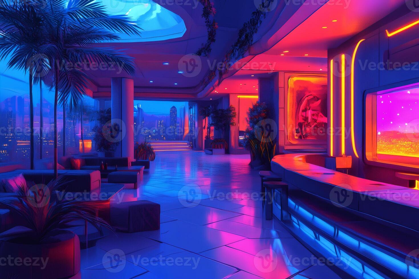 Futuristic cyberpunk bar illuminating night cityscape with neon lights photo