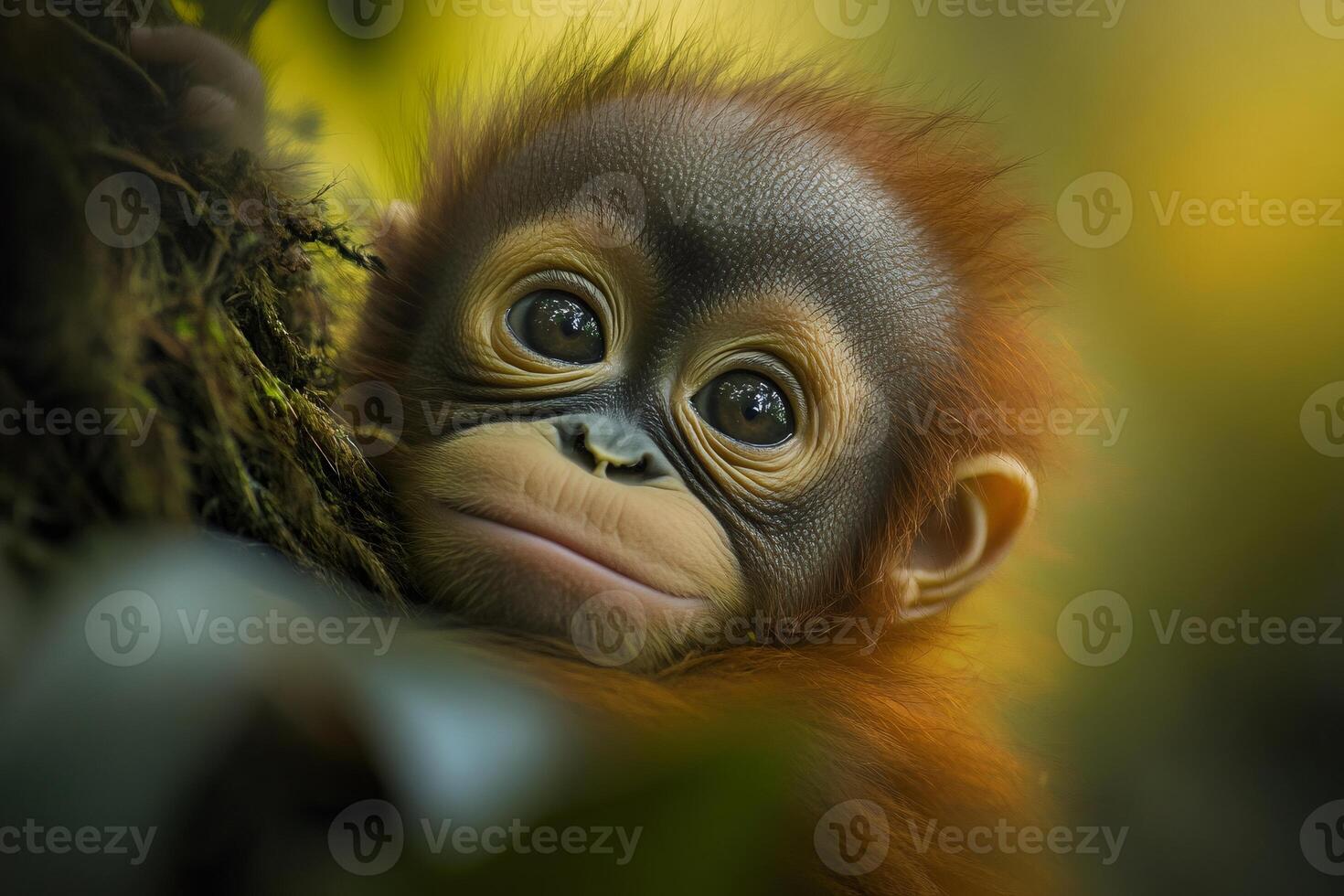 Portrait of a baby orangutan resting on a tree photo
