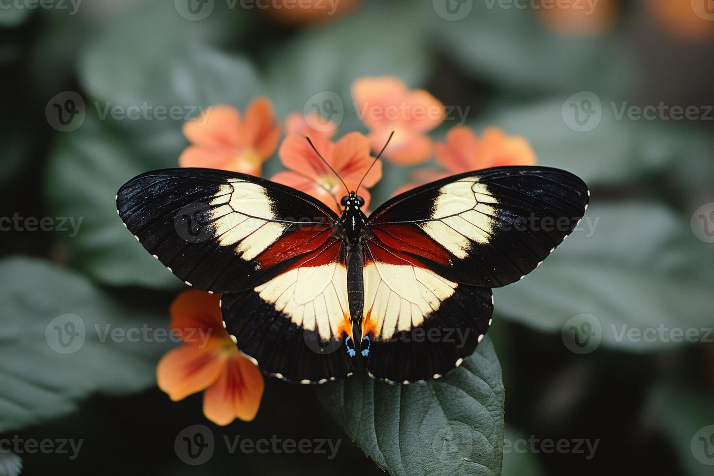 Postman butterfly showing colorful wings on green leaf photo