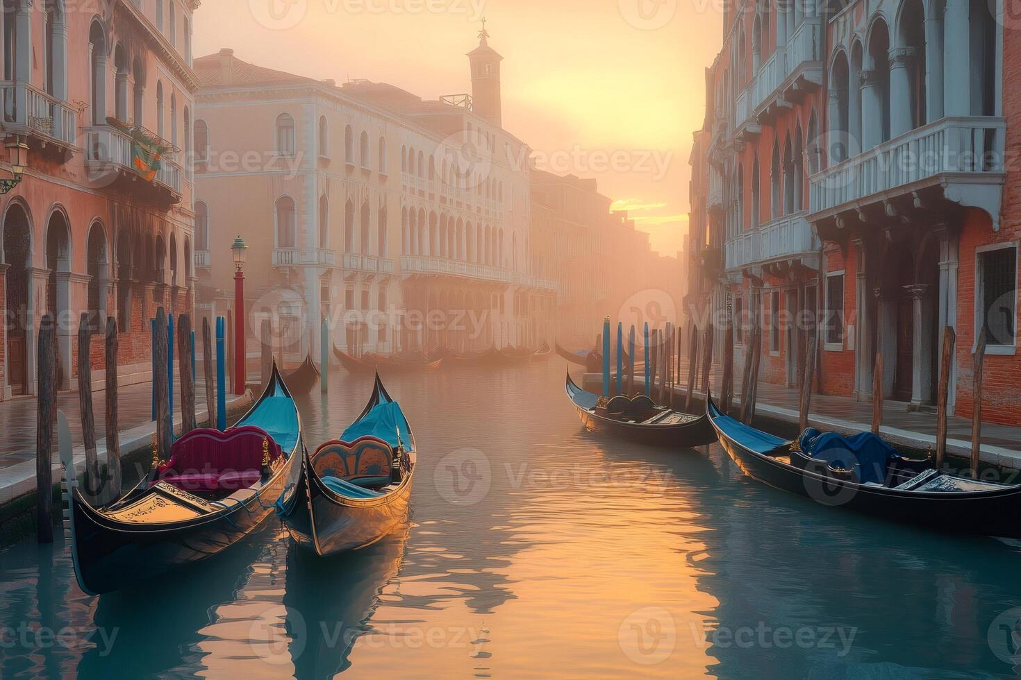 Gondolas floating on Grand Canal during sunrise with fog in Venice, Italy photo