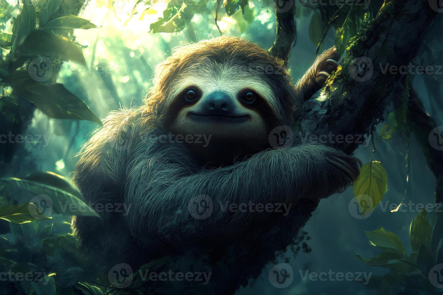Smiling sloth relaxing on a tree in the jungle photo